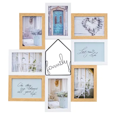 A collage of photo frames arranged in a house shape.
