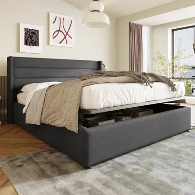 Produktbild von Bequemes hydraulisches Stauraumbett mit gepolstertem Kopfteil, Leinenbezug und robustem Design. Ideal für Schlafzimmer, Grau,140x200 cm