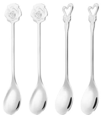 4 Kaffeelöffel aus Edelstahl 304, Herz/Rosen-Design, Silber