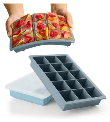 Produktbild von Blumtal Eiswürfelformen Silikon 3er Set - 15er Eiswürfelform mit Deckel - BPA-freie Silikon Eiswürfelform - Graublau + Graublau + Hellblau