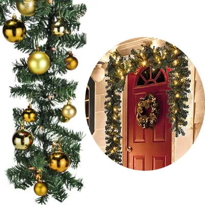 A Christmas garland with lights and ornaments is shown, with a separate close-up of a garland on a door.