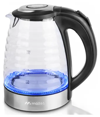 Immagine prodotto di Bollitore elettrico MalTec in vetro, capacità 1,7L, 2200W, modello Boily1000-SL, illuminazione LED, filtro anticalcare, elemento riscaldante in acciaio inossidabile, spegnimento automatico, base girevole a 360°