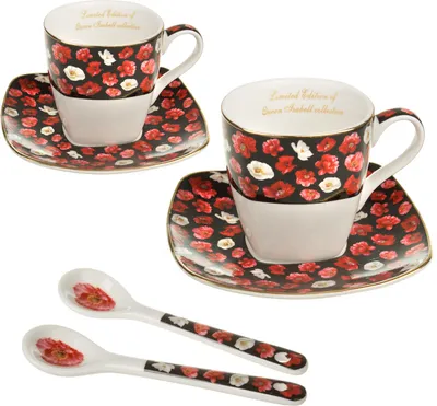 Zdjęcie produktu dla Porcelanowy zestaw do espresso dla dwóch osób filiżanki ze spodkami i łyżeczką kwiat maku pomysł na prezent świąteczny