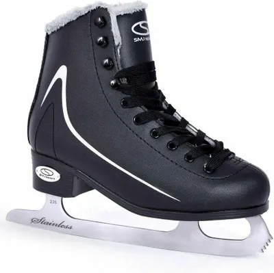 A black ice skate with a white stripe on a white background.