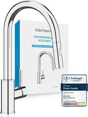 Productafbeelding van Keukenkraan Kocuso – 360 graden draaibaar (chroom) – Enkelhendel mengkraan van roestvrij staal met uitschuifbare slang en handdouche met omschakelknop, waterkraan voor de keuken