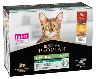 Productafbeelding van Purina Pro Plan natvoer voor katten, gesteriliseerd, rijk aan kip en rundvlees, 4 pakken met 10 zakjes van 85 gram – verpakking van 85 gram (40 stuks)