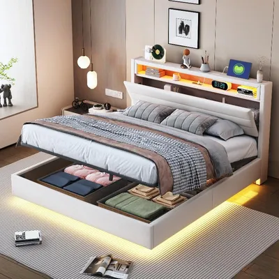Imagen del producto de Cama tapizada de 140x200 cm con sistema hidráulico de almacenamiento, toma de corriente USB e iluminación LED, cabecero abatible, color beige lino, ideal para dormitorios