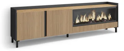 Image de PULLER Meuble TV, Banc Télé, 212x35x61 cm, Pour les TV jusqu'à 80", Cheminée électrique XXL, Design industriel, Chêne et noir