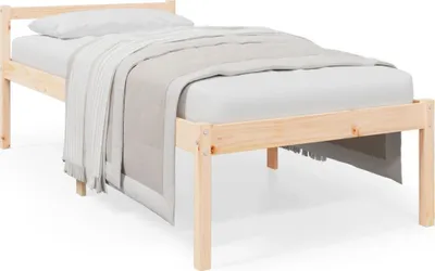 A single bed frame with a mattress, pillow, and blanket, shown from a side-diagonal angle on a white background.