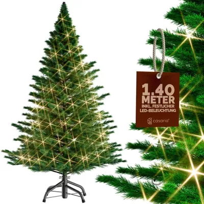 Obrázek produktu pro CASARIA® Umělý vánoční stromek 140 cm s řetězem světýlek, husté špičky, rychlá montáž, kovový stojan, realistický vzhled, těžko hořlavý, zelený, jedle vznešená