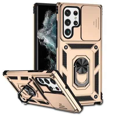 Immagine prodotto di Custodia per Samsung Galaxy S23 Ultra a doppio strato con copertura scorrevole della fotocamera e supporto ad anello Oro