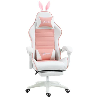 Image de Vinsetto Chaise gaming fauteuil gamer fauteuil de bureau ergonomique avec support lombaire, hauteur réglable, dossier inclinable, repose-pieds, oreilles de lapin et appui-tête, rose