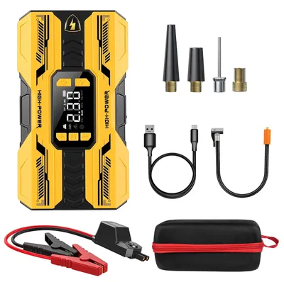 Obrázek produktu pro Multifunkční zařízení 6 v 1: startér pro automobily, kompresor, vzduchová pumpa (150 PSI), powerbanka, LED světlo, digitální displej, barva: žlutá