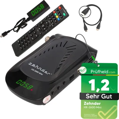 A digital satellite receiver and its accessories are displayed on a white background.