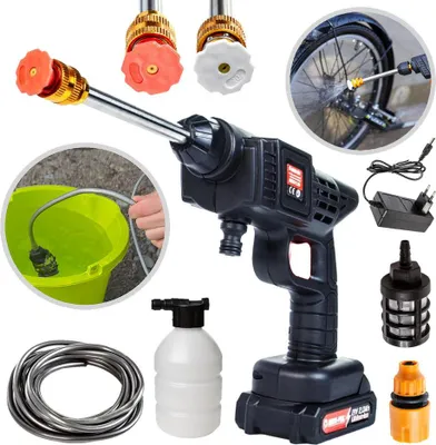 A collage of images showing a cordless pressure washer and its accessories, including different spray nozzles, a bucket with a hose, a charging adapter, a foam cannon, and a coiled hose.