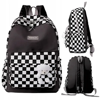 Produktbild von Schulrucksack für Teenager - Ab 4 Klasse - Karo-Muster Rucksack mit Bär - Schwarz