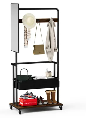 Produktbild von Metallgarderobe mit Rollen 70x40x170 cm 3-in-1 Design mit Spiegel und Korb Mobiler Kleiderständer Großer Stauraum Vintage Braun