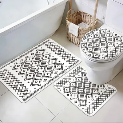 Produktbild von Set mit 3 Boho-Badezimmerteppichen mit geometrischem Muster