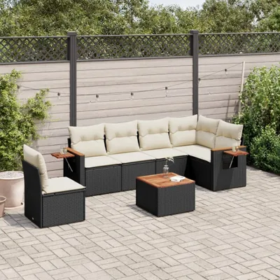 Produktbild von Design 7-tlg. Garten-Sofagarnitur mit Kissen Schwarz Poly Rattan, Gartenmöbel-Sets 2024 Neu