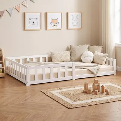 Produktbild von Homestyle4u Kinderbett 120x200 mit Rausfallschutz Weiß Bodenbett Montessori Bett Lattenrost Kleinkindbett