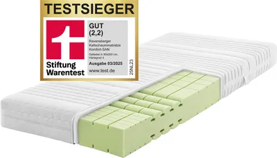 A mattress shown with a cutaway to reveal its internal structure, alongside a product rating badge.