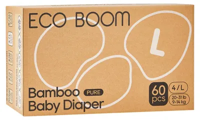 Immagine prodotto di ECO BOOM Pure Box pannolini usa e getta in bambù, taglia L (9–14 kg), 60 pezzi