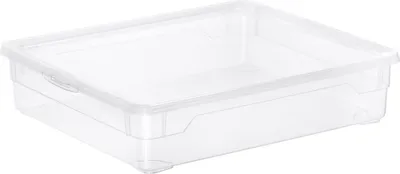A clear plastic storage box with a lid.