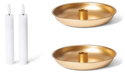 Produktbild von Novaliv 2er-Set Stabkerzenhalter Adventskranz rund Tafelkerzen GOLD mit flammenlos flackernder Echtwachskerze Premium LED Weihnachtsdekoration candle holder 15cm Metall Dekoschale Weihnachten