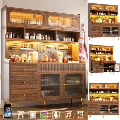 Image de Meuble de rangement moderne avec éclairage LED, meuble haut pour cuisine et salon, armoire de rangement avec panneau perforé et étagères en verre, dimensions : 145 x 39 x 171 cm, finition noyer