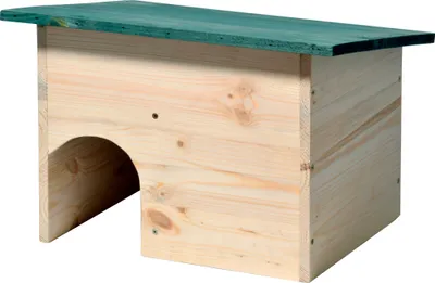 Produktbild von dobar Igelhaus Bausatz mit grünem wetterfestem Dach mit Schleuse, aus Kiefern-Holz, als Igelschlafhaus und Igelfutterhaus, 34,5 x 24 x 27 cm