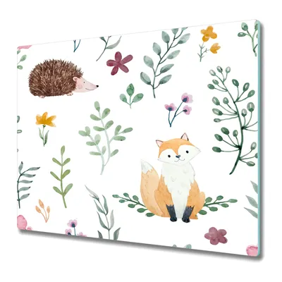 Produktbild von Küchenschneidebrett - Glasschneidebrett - Herdabdeckung - 60x52 - Fuchs-Igel-Pflanze