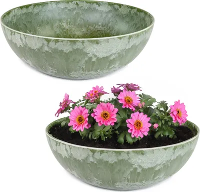 Produktbild von Runde bauchige 20 cm Pflanzschale für draussen, grün marmoriert