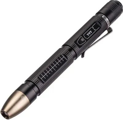 A black pen-like flashlight with a metallic tip and a clip, set against a white background.