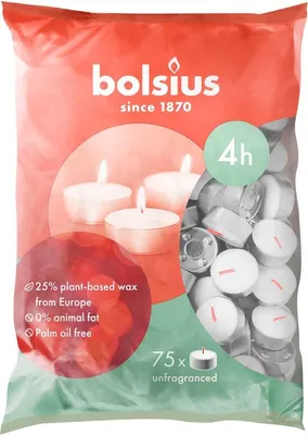 Produktbild von Kerze Bolsius, Teelicht, 4 Std., weiß, Packung 75 Stk.