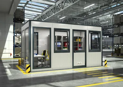 Produktbild von Bürocontainer, Aufsichtsstand, Meisterbüro, Lagerhallenbüro, für Innen, 2.600 x 5.908 x 3.608 mm (HxBxT), 21,32 qm, ohne Fußboden