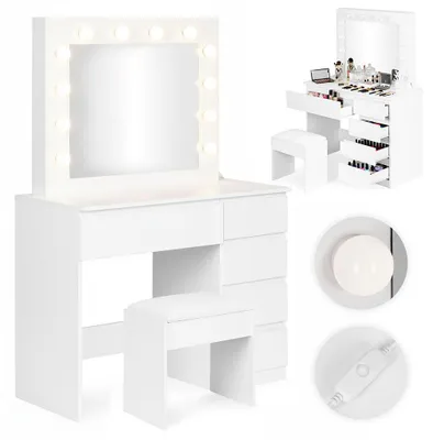 Obrázok produktu pre Toaletný stolík so zrkadlom a osvetlením, 5 zásuviek, stolička ModernHome