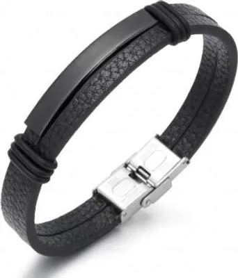 Zdjęcie produktu dla Bransoletka męska skórzana czarna stal czarna 21cm