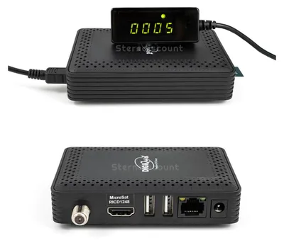 Two views of a black satellite receiver set-top box.