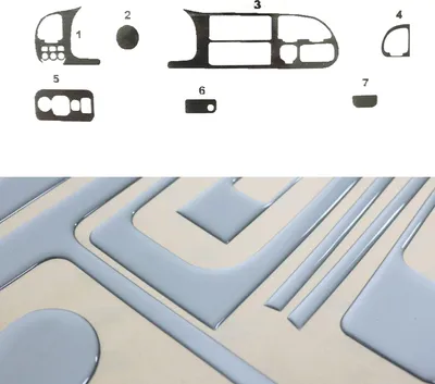 Productafbeelding van Interieurdecoratie voor het dashboard van een Ford Transit, modeljaren 1997-2000, met een aluminiumlook, bestaande uit 8 delen