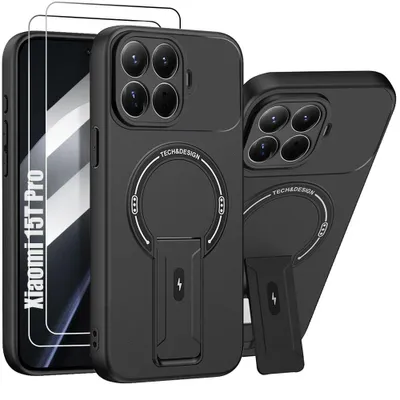 Image de Coque + 2 Verres Trempés pour Xiaomi 15T Pro, Protection Silicone avec Cercle Magnétique et Support - Noir