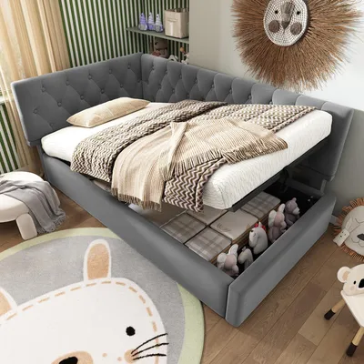 Produktbild von Merax Polsterbett Tagesbett 90x190cm mit Lattenrost aus Holz, Schlafsofa Daybett mit hydraulischem Stauraum, Kinderbett Jugendbett aus Samt, Grau