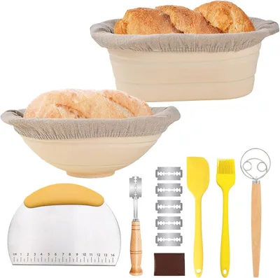 Zdjęcie produktu dla Koszyk do wyrastania chleba 24.5 cm i 27.5 cm, silikon, okrągły i owalny, z nożem do ciasta, do pieczenia