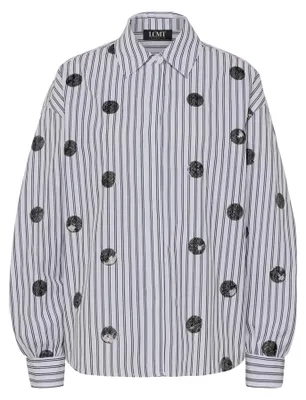 Produktbild von Weiße Damen Bluse Größe 46 mit Strass-Applikationen, Hemdkragen und lässigem Schnitt