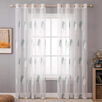 Produktbild von Transparente Wohnzimmer Vorhänge mit Türkis und Weiß Blätter Muster, 2er Set