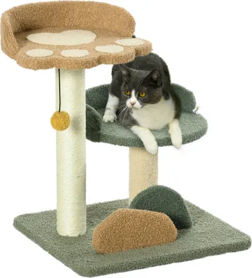 Image de PawHut arbre à chat petit, 52 cm arbre à chat arbre à grimper avec 2 niveaux, arbre à chat avec balle de jeu, meuble pour chats, pour chats de moins de 5 kg, sisal