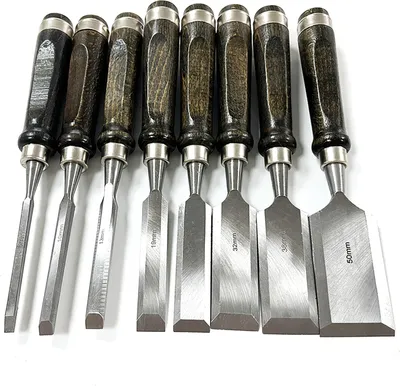 Produktbild von 8-teiliges Holzmeißel-Set, Holzschnitzset mit komfortablem Griff aus schwarzem Walnussholz, mit Holzkoffer, 2 Schleifsteinen und Abziehführung