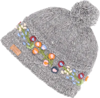 Produktbild von Bestickte Bommelmütze, Strickmütze aus Schurwolle, Nepalmütze, Wintermütze - Grau, Uni, Hüte, Mützen