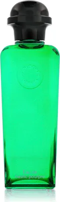 A product shot of a green glass bottle of perfume with a black cap.