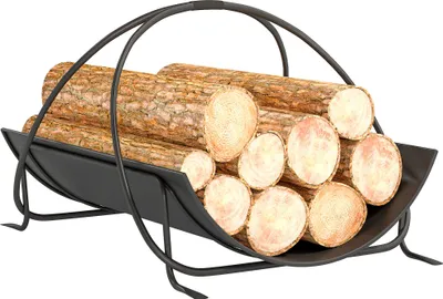 A firewood rack filled with logs, presented on a white background.