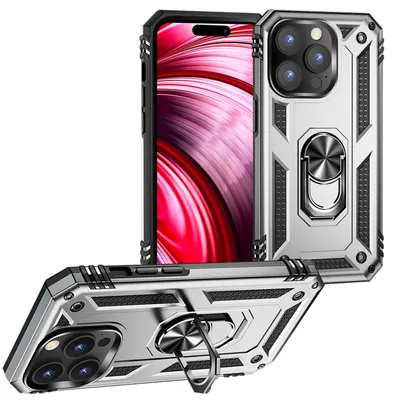 Zdjęcie produktu dla Pierścieniowe etui do iPhone'a 14 Pro - wojskowe, odporne na wstrząsy etui zewnętrzne w kolorze srebrnym